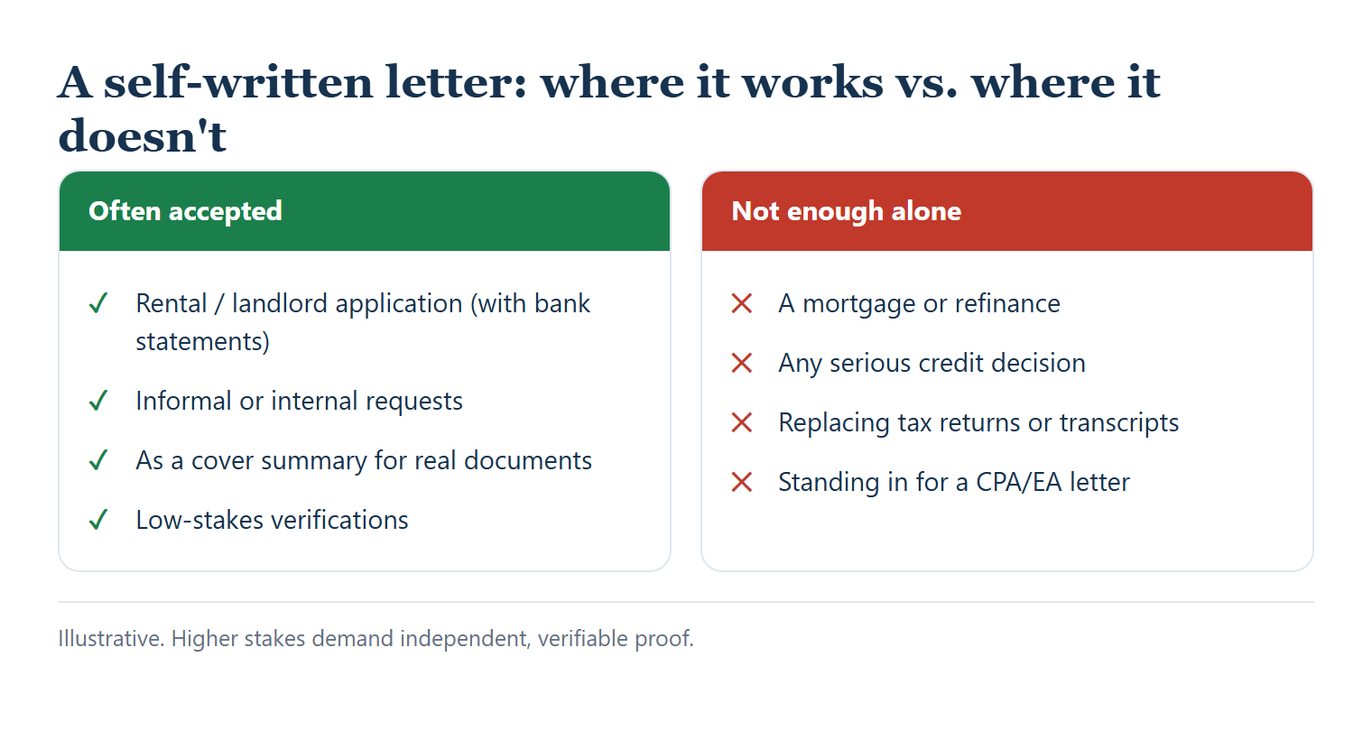 Two-column checklist showing where a self-written income letter is often accepted (rental applications with bank statements, informal requests, as a cover summary, low-stakes verifications) versus where it isn't enough alone (a mortgage, a refinance, replacing returns or transcripts, standing in for a CPA letter)
